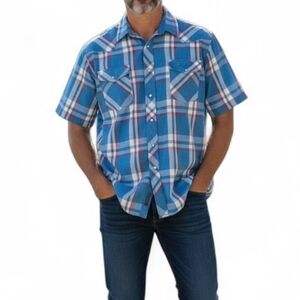Wrangler Vintage 90s Snap Short Sleeve Button Down in Blue and Pink Plaid Sz XL